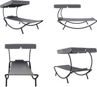 vidaXL Chaise longue de jardin avec toit solaire et coussins Gris - Chaise longue de jardin - Chaise longue - Bains de soleil