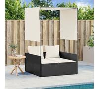 vidaXL Chaise longue double avec toit et rideaux noir résine tressée, transat, lit de jour d'extérieur, lit de jour de 4002755