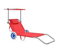 vidaXL Chaise longue pliable avec auvent et roues Acier Rouge
