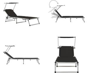 vidaXL Chaise longue pliante avec protection solaire Aluminium et Textiline Noir - Chaise longue - Chaises longues - Bains de soleil