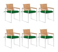 VIDAXL chaises de jardin en teck massif, lot de 6 avec coussins verts