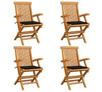 vidaXL Chaises de jardin et coussins noir - Lot de 4 - Bois de teck