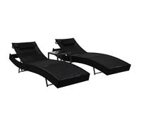 vidaXL Bains de soleil 2 pcs. avec table Poly rotin et Textilène noir