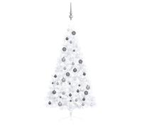 vidaXL Demi-Arbre de Noël Artificiel Pré-éclairé et Boules, Sapin de Noël avec LED, Décoration de Vacances, Ornement de Fête Intérieur Extérieur, Blanc 150cm