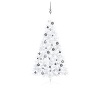 vidaXL Demi-Arbre de Noël Artificiel Pré-éclairé et Boules, Sapin de Noël avec LED, Décoration de Vacances, Ornement de Fête Intérieur Extérieur, Blanc 150cm