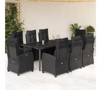 vidaXL Salon de jardin 9 pièces poly rotin avec coussins, dossiers et repose-pieds réglables Noir
