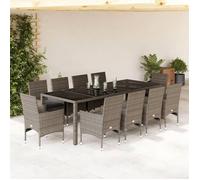vidaXL Ensemble à manger de jardin 11 pièces – poly rotin, plateau verre, coussins – Gris