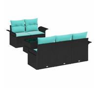 Ensemble de canapés de jardin vidaXL avec coussins, 6 pièces, noir et turquoise, en polyrotin