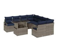 Ensemble de canapés de jardin vidaXL avec coussins, 9 pièces, gris et bleu marine, en polyrotin