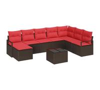 vidaXL Ensemble de Canapés 9 pcs Marron et Rouge polyrotin, Ensemble de canapés modulaires extérieur, Sofa léger, Salon rectangulaire en rotin, résistant UV et Durable pour terrasses