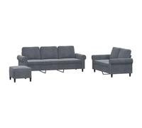 vidaXL Ensemble de canapés 3 pcs Moderne avec coussins, accoudoirs, repose-pied Gris foncé velours