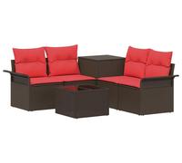 vidaXL Ensemble de salon de jardin, 6 pièces, 4 places, marron et rouge, en résine tressée et en acier