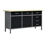 vidaXL Établi, Table de Travail avec 2 Tiroirs, Poste de Travail avec Rangement, Meuble de Stockage Garage Atelier Intérieur, Noir Acier