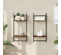 vidaXL Étagères murales à 2 niveaux avec barres 2 pcs chêne fumé 836255 Noir G
