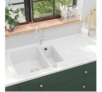 vidaXL Évier de cuisine en granit double encastré réversible avec trou de montage pour robinet blanc