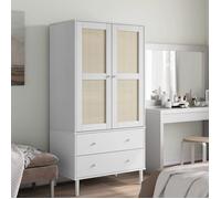 Garde-robe, Armoire avec 2 Tiroirs et 4 Compartiments, Placard avec Porte, Meuble de Rangement, Aspect Rotin Blanc Bois Massif Pin 358035