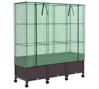 vidaXL Jardinière avec couvercle de serre et roulettes, lot de 3, marron