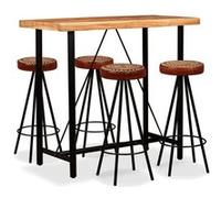 vidaXL Jeu de Bar 5 pcs Bois d'Acacia et Toile Table Cuir Véritable Tabourets 275132 Brun G