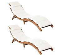 vidaXL Bains de soleil 2 pièces avec coussins – Bois massif Acacia, blanc crème