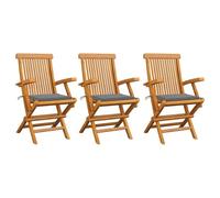 vidaXL Chaises de jardin Lot de 3 avec coussins gris Bois massif teck