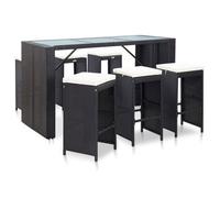 vidaXL Meuble de bar de jardin 7 pcs et coussins Résine tressée Noir
