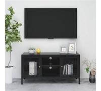 vidaXL Meuble TV Armoire Basse Centre de Divertissement Meuble Stéréo Salon Salle de Séjour Maison Intérieur Noir 105x35x52 cm Acier et Verre Noir G