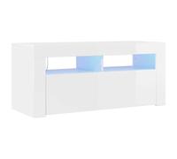 vidaXL Meuble TV avec éclairage LED, Blanc Haute Brillance, 90x35x40 cm, Panneaux de Bois, Support TV Jusqu’à 40", Buffet Bas avec étagères, Meuble de Salon Moderne