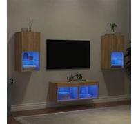 vidaXL Meubles TV Muraux avec Lumières LED 4 pcs, Armoires de Télévision Suspendues, Meubles Télé Flottants, Moderne, Chêne 3216571 Marron G