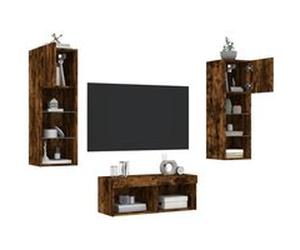 vidaXL Meubles TV Muraux avec Lumières LED 4 pcs, Armoires de Télévision Suspendues, Meubles Télé Flottants, Moderne, Chêne Fumé Bois d'Ingénierie chêne G