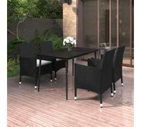 vidaXL Mobilier à dîner de jardin coussins 5 pcs Résine tressée Verre, 48.08 kg Noir G