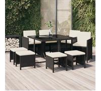 vidaXL Salon de jardin 9 pièces avec coussins Poly rotin noir