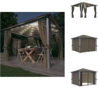 vidaXL Pavillon avec rideaux & guirlande lumineuse LED 300x300 cm Taupe Alu - Pavillons & Tentes de réception