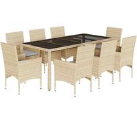 vidaXL Salon de jardin 9 pièces avec coussins Beige Poly rotin verre