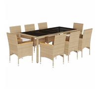 vidaXL Salon de jardin 9 pièces avec coussins Beige Poly rotin verre