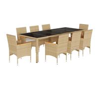 vidaXL Salon de jardin 9 pièces avec coussins Beige Poly rotin verre