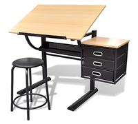 vidaXL Table à dessin inclinable et tabouret – 3 tiroirs, MDF, rembourré, blanc
