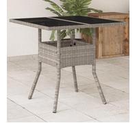 vidaXL Table de jardin 80x80x75 cm – Plateau en verre, poly rotin, gris clair
