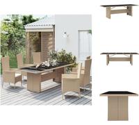 vidaXL Table de jardin avec plateau en verre Beige Poly Rotin & verre trempé - Tables de jardin