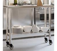 vidaXL Table de Travail de Cuisine avec Roues, Plan de Travail avec Rangement, Table de Préparation Bar Restaurant, Acier Inoxydable inox G