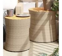 vidaXL Tables d'appoint de jardin 2 pcs. avec plateau en bois beige Poly rotin