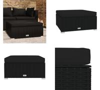 vidaXL Tabouret de jardin avec coussin Noir 70x70x30 cm Poly rotin - Tabouret de jardin - Tabouret de pied - Ottomane
