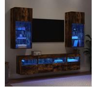 vidaXL Unités Murales TV avec LED 5 pcs, Armoires de Télévision Suspendues, Meubles Télé Flottants, Moderne, Chêne Fumé Bois