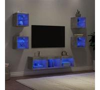 vidaXL Unités Murales TV avec LED 7 pcs, Armoires de Télévision Suspendues, Meubles Télé de Salon, Moderne, Gris Béton Bois 3216586 Gris G
