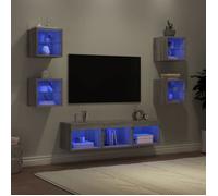 vidaXL Unités Murales TV avec LED 7 pcs, Armoires de Télévision Suspendues, Meubles Télé de Salon, Moderne, Gris Sonoma Bois
