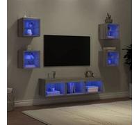 vidaXL Unités Murales TV avec LED 7 pcs, Armoires de Télévision Suspendues, Meubles Télé de Salon, Moderne, Gris Sonoma Bois
