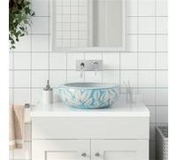 vidaXL Vasque à Poser, Évier de Salle de Bain avec Trou de Vidange, Lavabo avec Motifs Toilette Salle d'Eau, Blanc et Bleu Rond Φ41x14 cm Céramique Blanc G