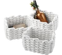 VIDETOL Lot de 3 paniers de rangement tressés - 19 x 15 x 12 cm - En coton tricoté - Petit - Carré - Pour salle de bain, armoires et cuisine - Blanc