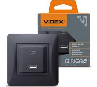 Videx Binera 16A PD 20W Prise encastrée USB-A + USB-C, noir et graphite