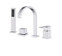Vidric Robinet de lavabo de Salle de Bains Froide et Chaude, 4 Trous en Laiton Massif, Double poignée, Robinet d'évier 4 pièces/Ensemble, Robinet de Cascade de Bain avec douchette à Main