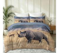 Vie Sauvage 200 x 200 cm Parure de Lit, Savane Africaine Rhinoceros Noir Douce Microfibre Bleu Clair Housse de Couette, Ado Garçons Filles avec Fermeture Éclair et 2 Taies d'oreiller